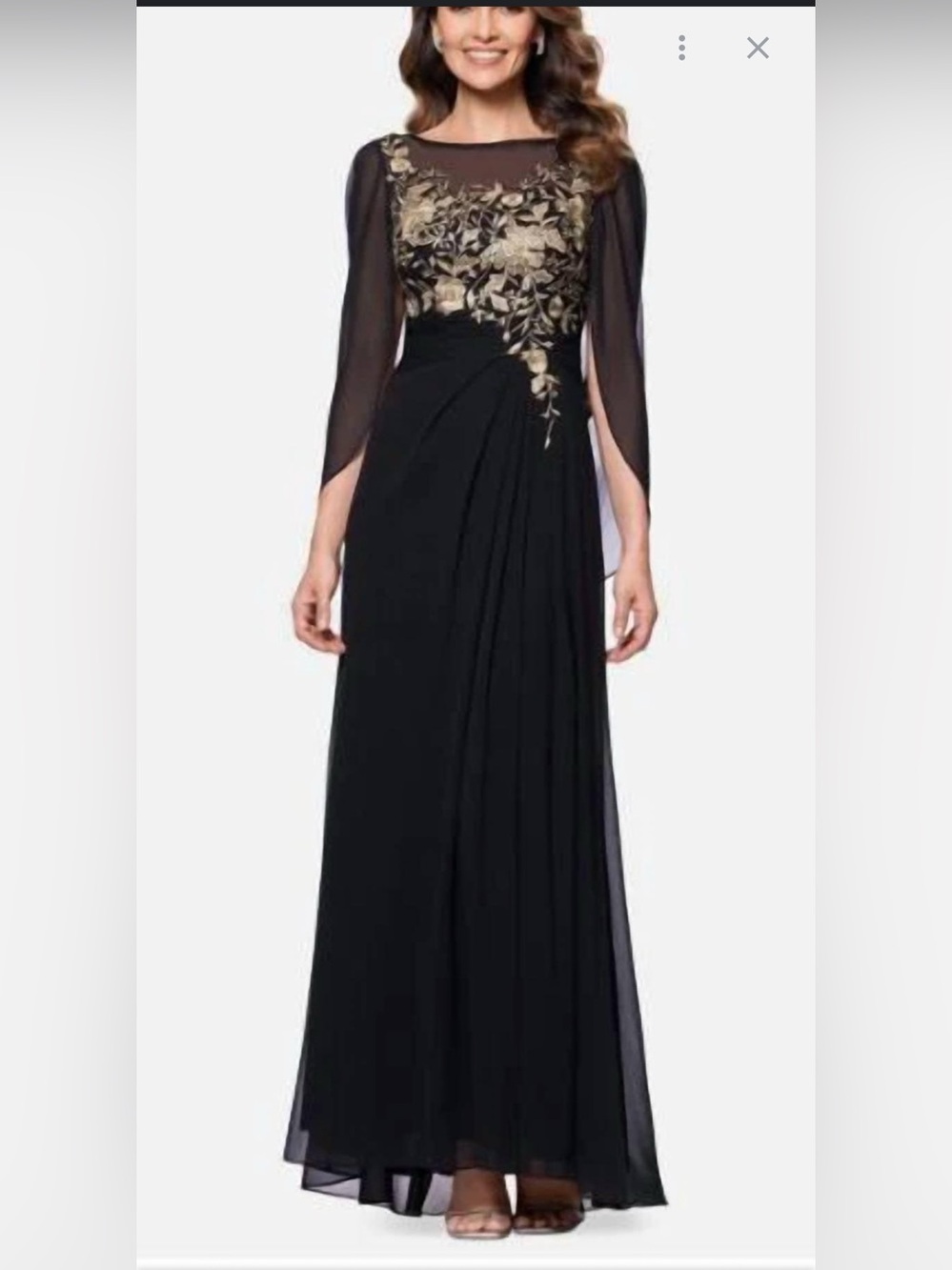 Betsy & Adam Black Maxi Dress with Gold Floral Embroidery
